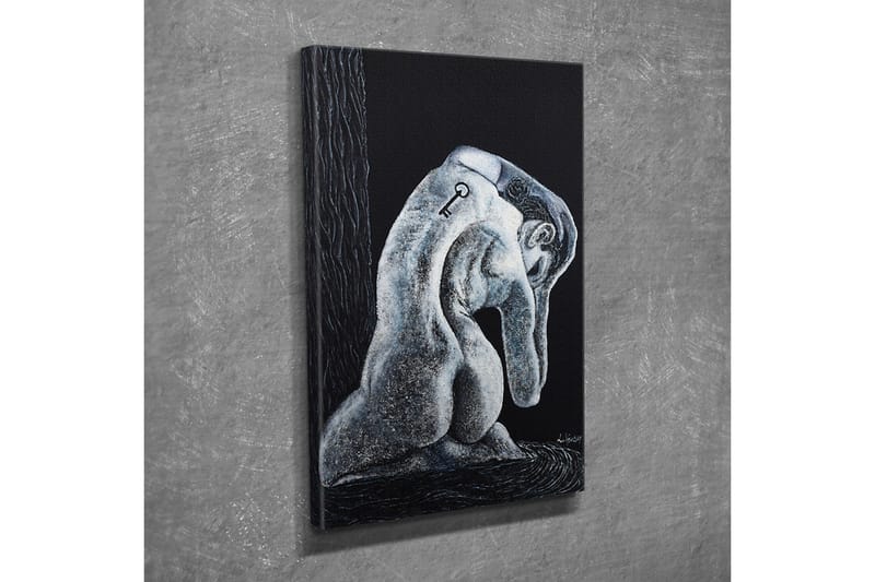 Lerretsbilde - Abstrakt skulptur av en sittende figur med en nøkkel på ryggen - Svart / Grå / Hvit - Innredning - Bilder & kunst - Lerretsbilder