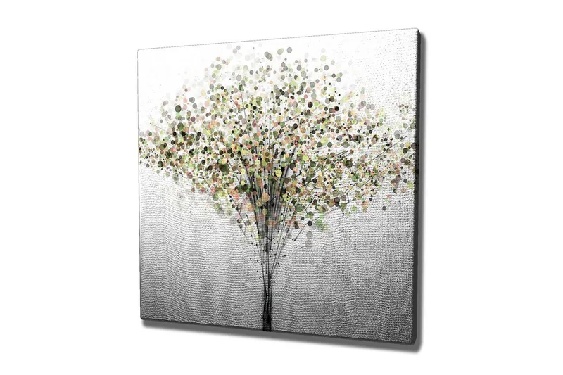 Lerretsbilde - Abstrakt tre med fargerike sirkler som blader, Grønn / Brun / Beige