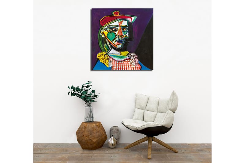 Lerretsbilde - Abstrakt portrett av en kvinne med geometriske former - Grønn / Rød / Lilla - Innredning - Bilder & kunst - Lerretsbilder