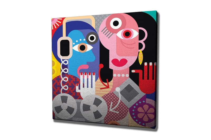 Lerretsbilde - Abstrakt portrett av to ansikter med fargerike detaljer - Blå / Rosa / Rød - Innredning - Bilder & kunst - Lerretsbilder