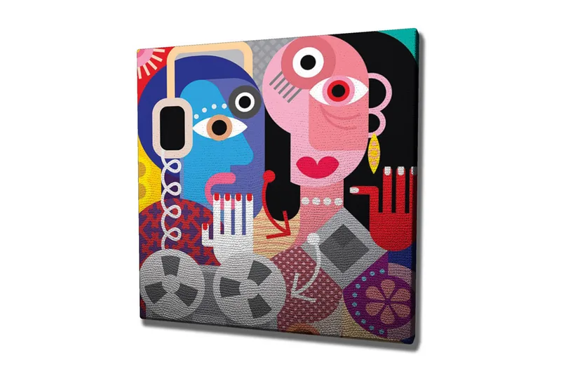 Lerretsbilde - Abstrakt portrett av to ansikter med fargerike detaljer, Blå / Rosa / Rød