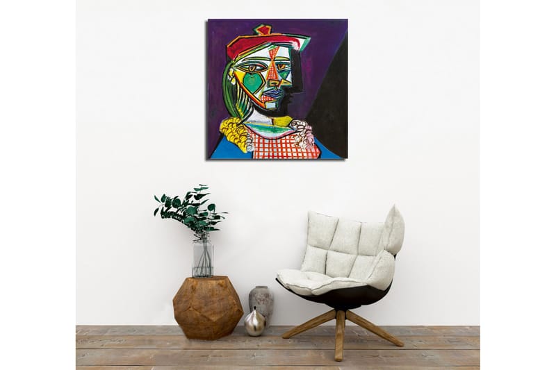 Lerretsbilde - Abstrakt portrett av en kvinne med geometriske former - Grønn / Rød / Lilla - Innredning - Bilder & kunst - Lerretsbilder