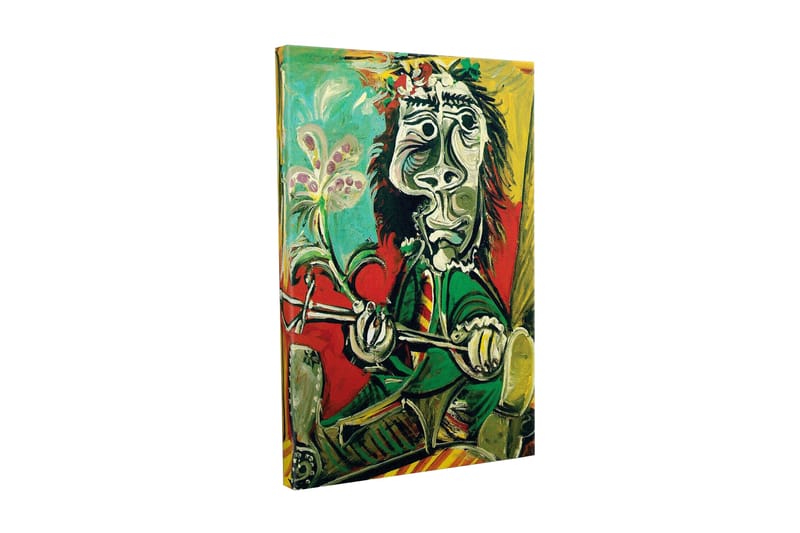 Lerretsbilde - Abstrakt portrett av en mann med blomst og instrument, Grønn / Rød / Svart