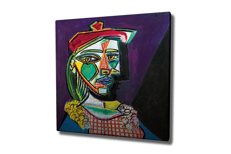 Lerretsbilde - Abstrakt portrett av en kvinne med geometriske former, Grønn / Rød / Lilla