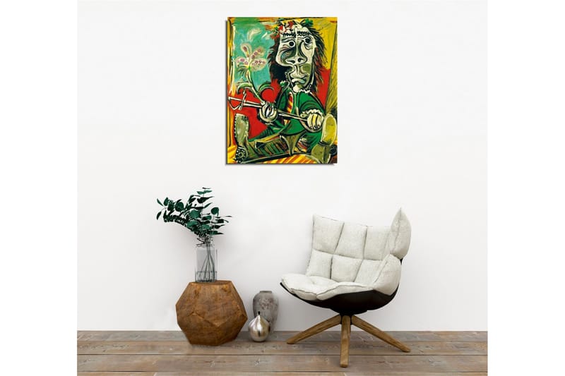 Lerretsbilde - Abstrakt portrett av en mann med blomst og instrument - Grønn / Rød / Svart - Innredning - Bilder & kunst - Lerretsbilder