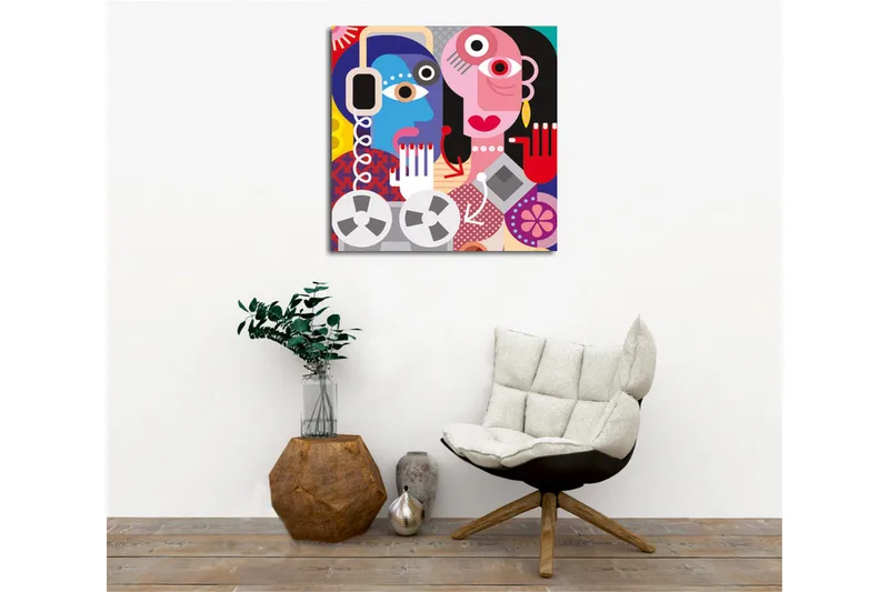 Lerretsbilde - Abstrakt portrett av to ansikter med fargerike detaljer - Blå / Rosa / Rød - Innredning - Bilder & kunst - Lerretsbilder