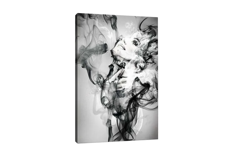 Lerretsbilde - Abstrakt portrett av en kvinne omgitt av røykfylte former, Svart / Hvit / Grå