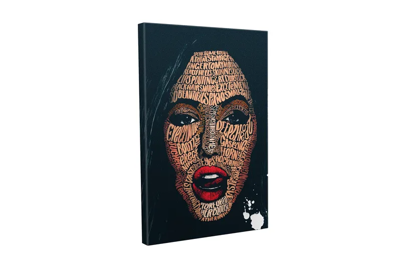 Lerretsbilde - Ansikt formet av ord og uttrykk i forskjellige nyanser, Mørk blå / Brun / Rød