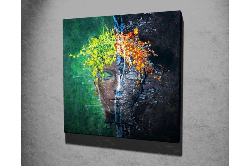 Lerretsbilde - Ansikt med blomsterkrans i kontrastfarger - Grønn / Gul / Oransje - Innredning - Bilder & kunst - Lerretsbilder