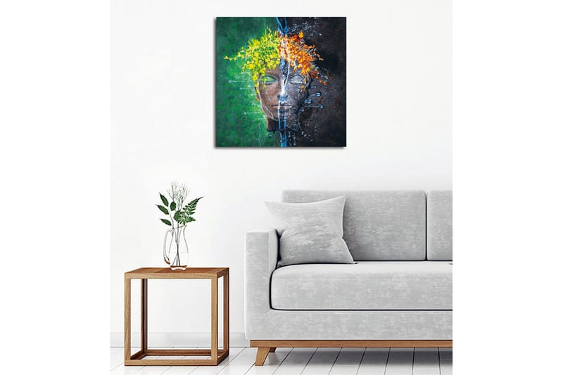 Lerretsbilde - Ansikt med blomsterkrans i kontrastfarger - Grønn / Gul / Oransje - Innredning - Bilder & kunst - Lerretsbilder