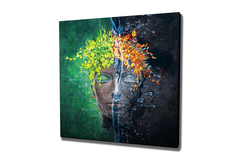 Lerretsbilde - Ansikt med blomsterkrans i kontrastfarger, Grønn / Gul / Oransje