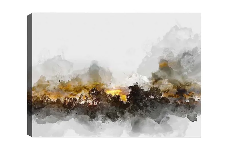 Lerretsbilde - Atmosfærisk landskapsbilde med silhuetter av trær mot en dramatisk himmel, Grå / Brun / Svart