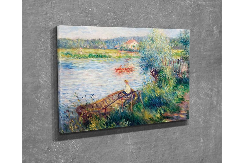 Lerretsbilde - Avslappende scene ved en innsjø med en person i en båt og omkringliggende grøntområder - Grønn / Blå / Beige - Innredning - Bilder & kunst - Lerretsbilder