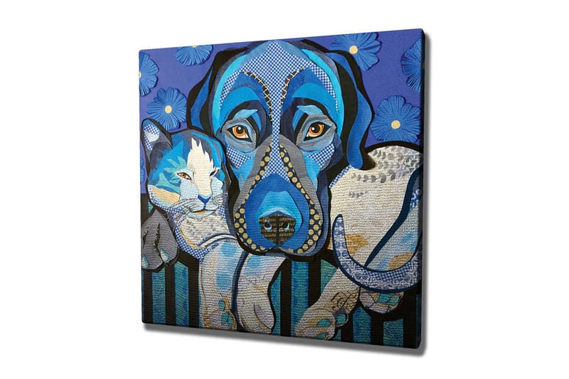 Lerretsbilde - Blå hund og katt i en leken komposisjon, Blå / Hvit / Svart