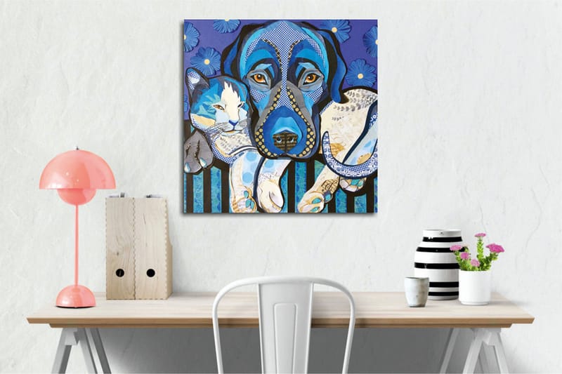 Lerretsbilde - Blå hund og katt i en leken komposisjon - Blå / Hvit / Svart - Innredning - Bilder & kunst - Lerretsbilder