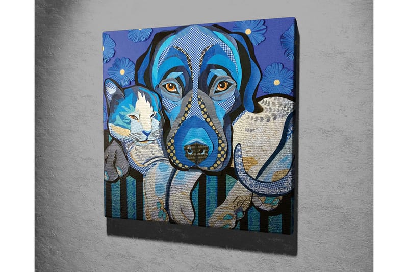 Lerretsbilde - Blå hund og katt i en leken komposisjon - Blå / Hvit / Svart - Innredning - Bilder & kunst - Lerretsbilder