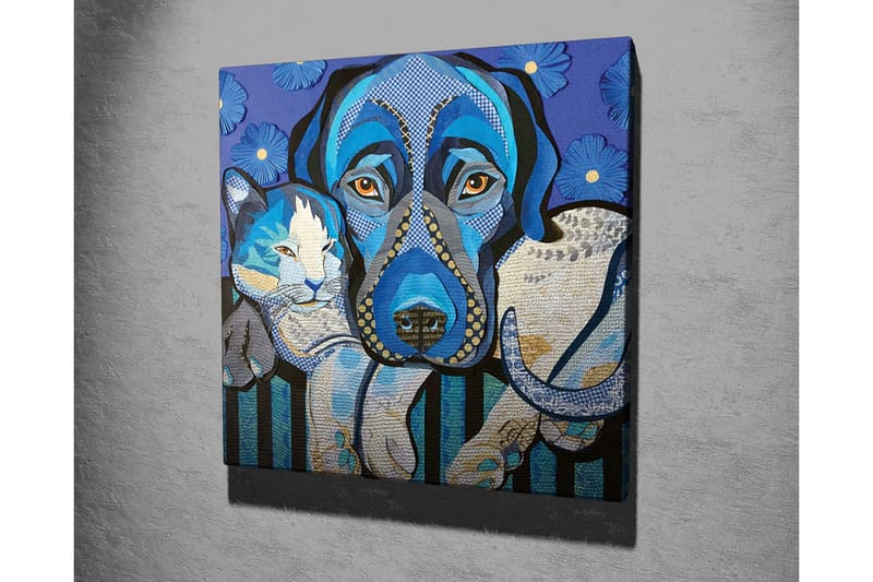 Lerretsbilde - Blå hund og katt i en leken komposisjon - Blå / Hvit / Svart - Innredning - Bilder & kunst - Lerretsbilder