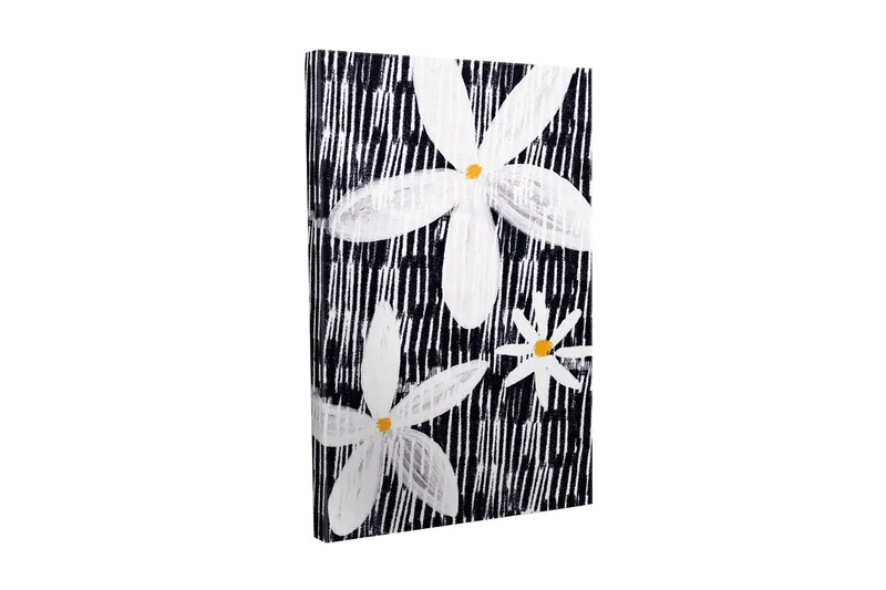 Lerretsbilde - Blomster i hvitt og gult mot svart bakgrunn, Hvit / Svart / Gul