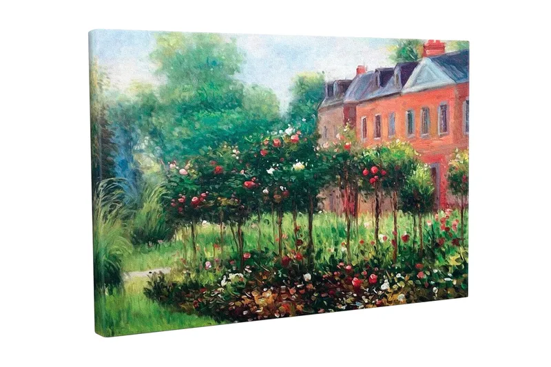 Lerretsbilde - Blomstrende hage med roser og grønne busker - Grønn / Rød / Brun - Innredning - Bilder & kunst - Lerretsbilder