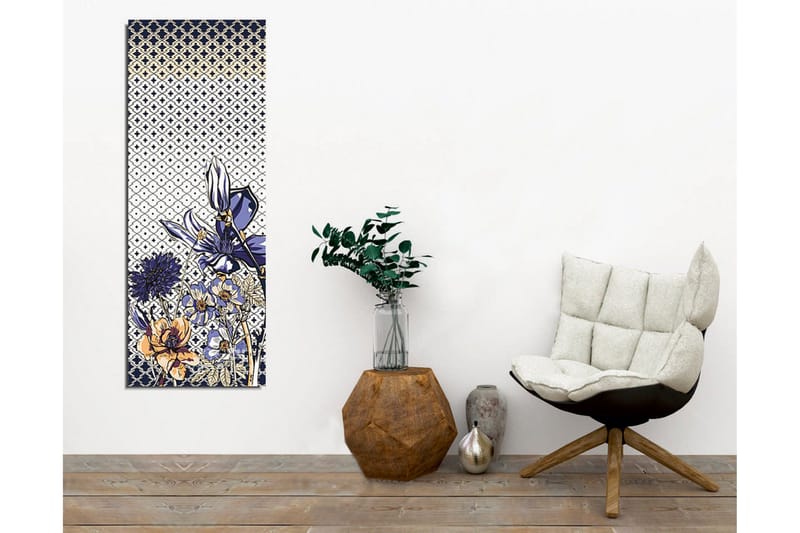 Lerretsbilde - Blomstrende komposisjon med stiliserte blomster i blått og gull - Blå / Gull / Hvit - Innredning - Bilder & kunst - Lerretsbilder