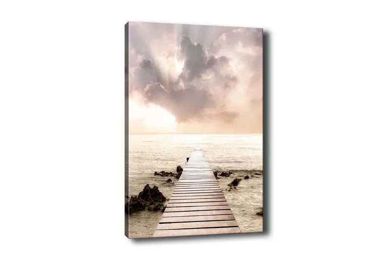Lerretsbilde - Brygge som strekker seg ut over havet under en lys himmel, Lys rosa / Beige / Grå
