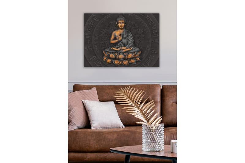 Lerretsbilde - Buddha i meditasjonsposisjon på en lotusblomst - Grå / Oransje / Svart - Innredning - Bilder & kunst - Lerretsbilder
