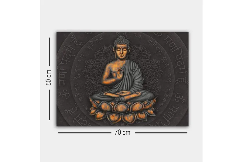 Lerretsbilde - Buddha i meditasjonsposisjon på en lotusblomst - Grå / Oransje / Svart - Innredning - Bilder & kunst - Lerretsbilder