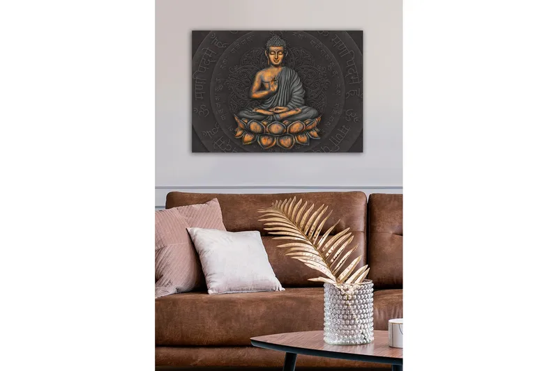 Lerretsbilde - Buddha i meditasjonsposisjon på en lotusblomst - Grå / Oransje / Svart - Innredning - Bilder & kunst - Lerretsbilder