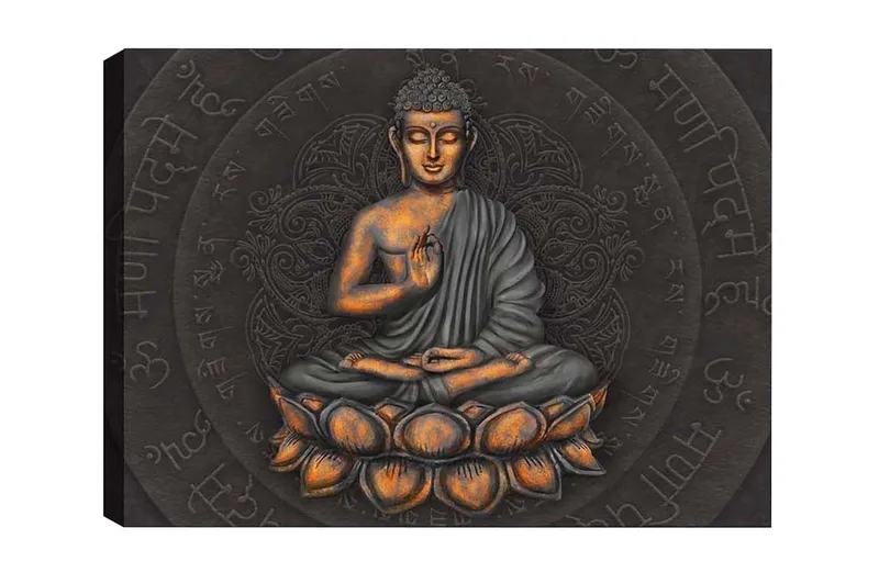 Lerretsbilde - Buddha i meditasjonsposisjon på en lotusblomst, Grå / Oransje / Svart