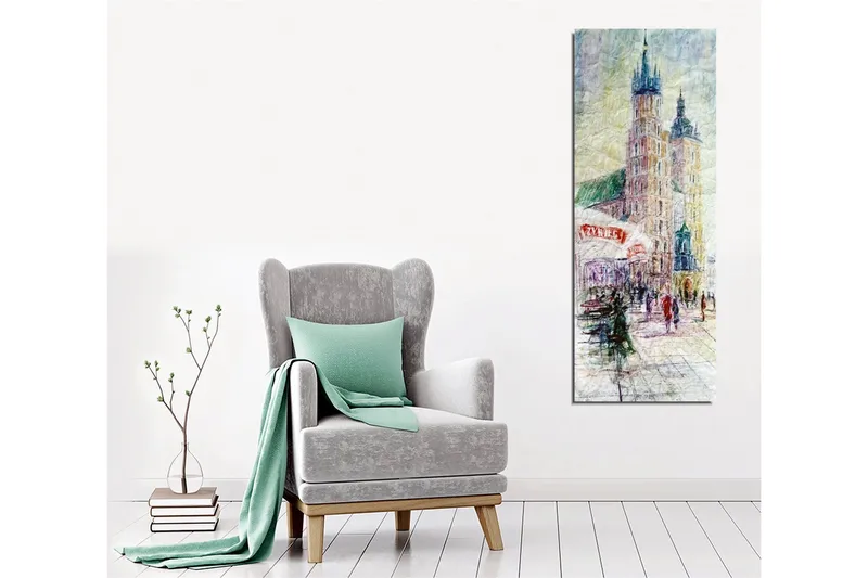 Lerretsbilde - Bybilde med historiske bygninger og mennesker i bevegelse - Lys blå / Beige / Grønn - Innredning - Bilder & kunst - Lerretsbilder