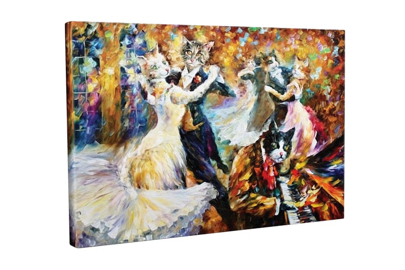 Lerretsbilde - Dansende katter i elegante klær på et festlig ball, Gull / Hvit / Svart
