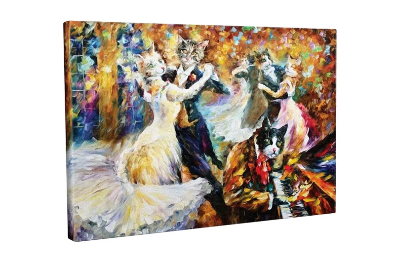 Lerretsbilde - Dansende katter i elegante klær på et festlig ball, Gull / Hvit / Svart