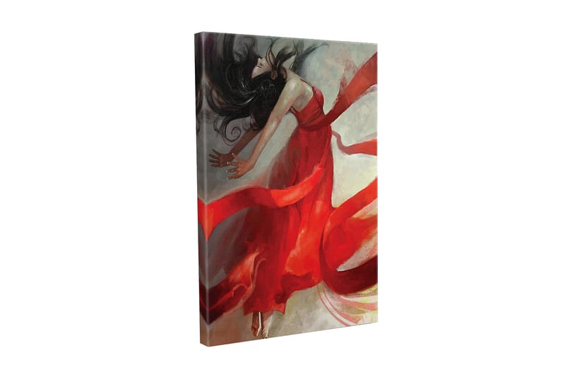 Lerretsbilde - Dansende kvinne i rød kjole med flagrende bånd, Rød / Beige / Svart
