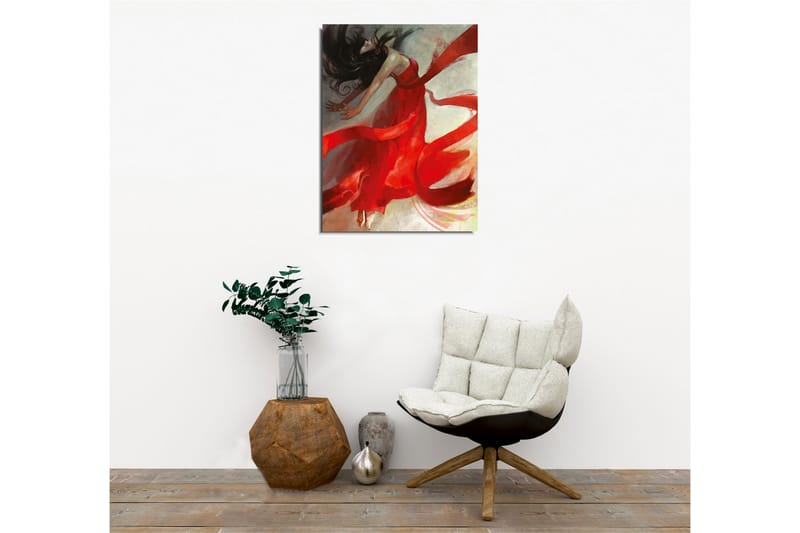 Lerretsbilde - Dansende kvinne i rød kjole med flagrende bånd - Rød / Beige / Svart - Innredning - Bilder & kunst - Lerretsbilder