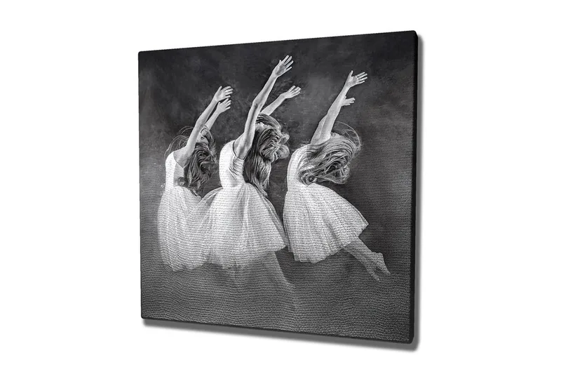 Lerretsbilde - Dansende kvinner i hvite kjoler, Hvit / Svart / Grå