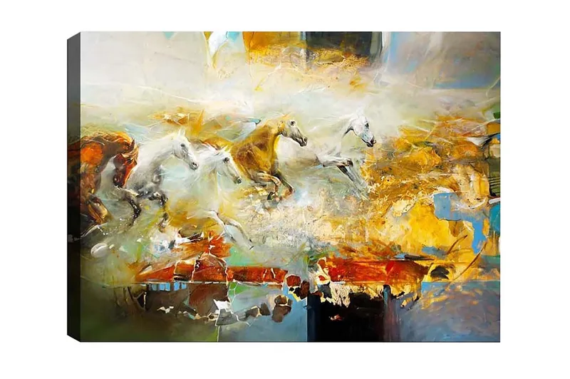 Lerretsbilde - Dynamisk gruppe galopperende hester, Gull / Hvit / Brun