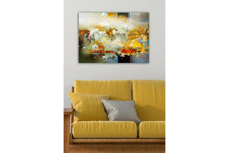 Lerretsbilde - Dynamisk gruppe galopperende hester - Gull / Hvit / Brun - Innredning - Bilder & kunst - Lerretsbilder