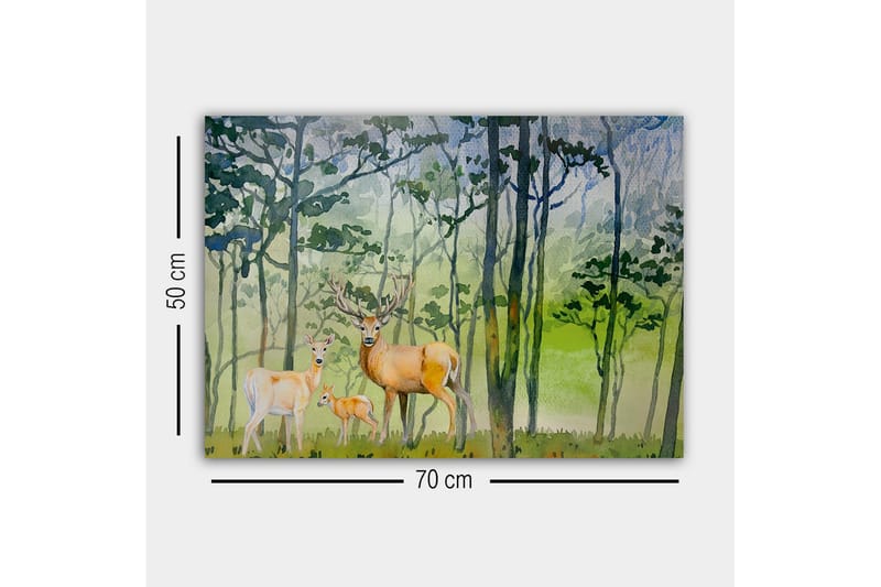 Lerretsbilde - Dyrelivsfamilie i skogsmiljø med hjort og et lite barn - Grønn / Brun / Beige - Innredning - Bilder & kunst - Lerretsbilder