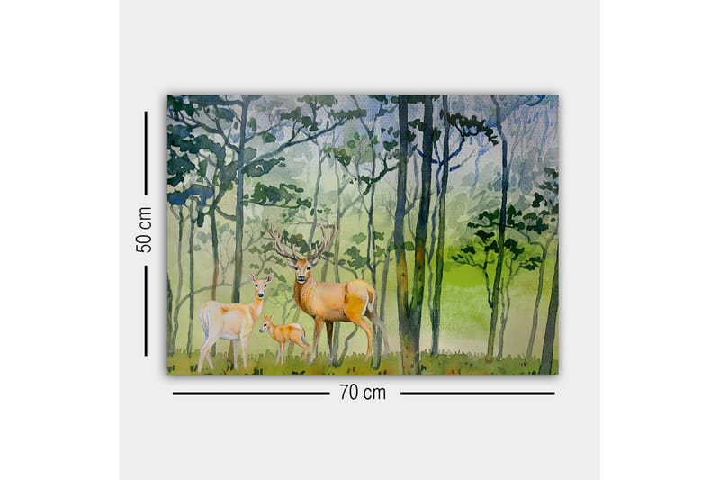 Lerretsbilde - Dyrelivsfamilie i skogsmiljø med hjort og et lite barn - Grønn / Brun / Beige - Innredning - Bilder & kunst - Lerretsbilder