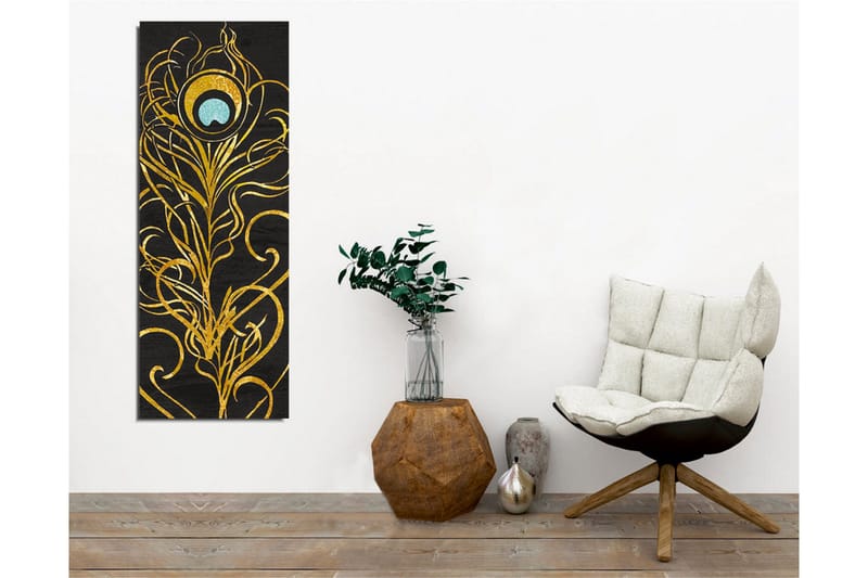 Lerretsbilde - Elegant fjærdesign i gull og turkis - Gull / Turkis / Svart - Innredning - Bilder & kunst - Lerretsbilder