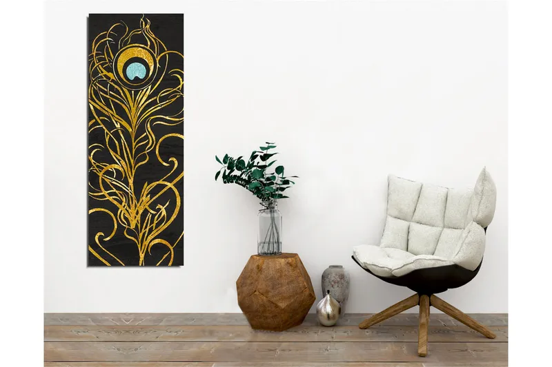 Lerretsbilde - Elegant fjærdesign i gull og turkis - Gull / Turkis / Svart - Innredning - Bilder & kunst - Lerretsbilder