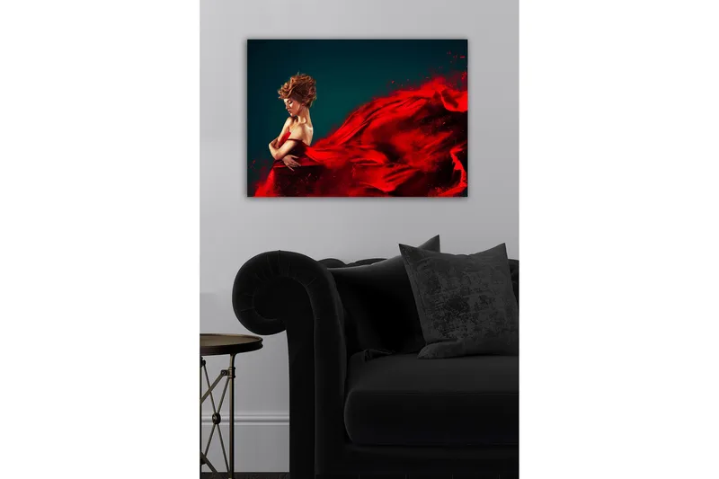 Lerretsbilde - Elegant kvinne i rød kjole med flagrende stoff - Rød / Mørk blå - Innredning - Bilder & kunst - Lerretsbilder
