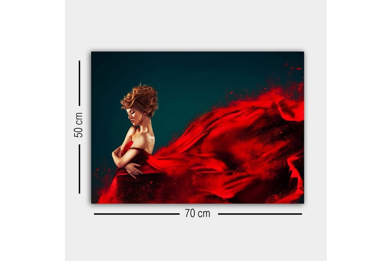 Lerretsbilde - Elegant kvinne i rød kjole med flagrende stoff - Rød / Mørk blå - Innredning - Bilder & kunst - Lerretsbilder