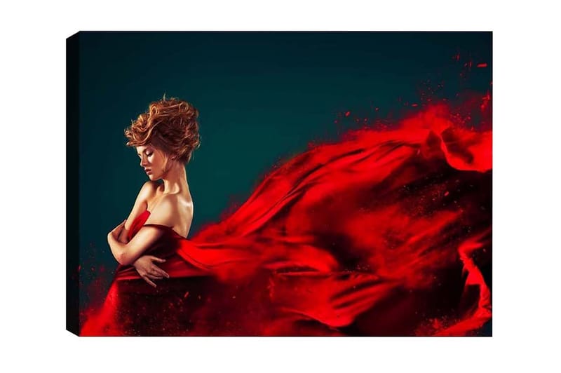 Lerretsbilde - Elegant kvinne i rød kjole med flagrende stoff, Rød / Mørk blå