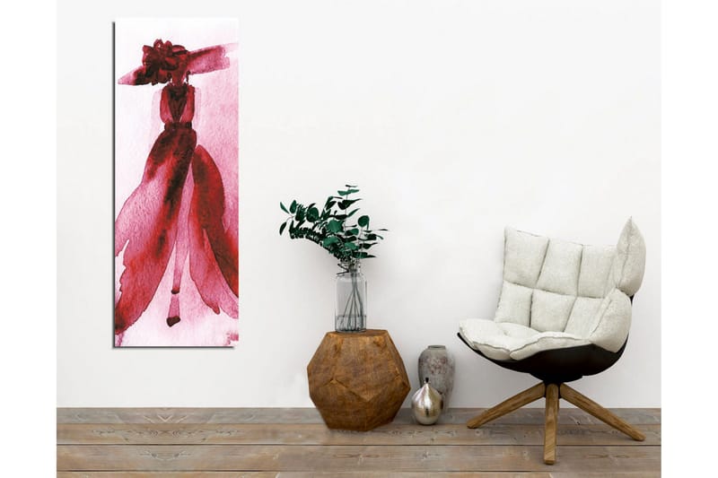 Lerretsbilde - Elegant kvinne i rød kjole med stor hatt - Rød / Rosa - Innredning - Bilder & kunst - Lerretsbilder