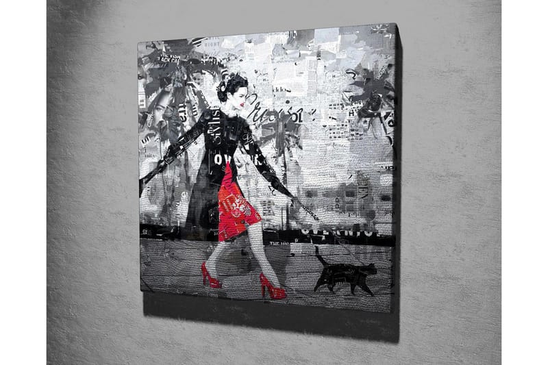 Lerretsbilde - Elegant kvinne i rød kjole med svart katt i urbane omgivelser - Rød / Svart / Grå - Innredning - Bilder & kunst - Lerretsbilder