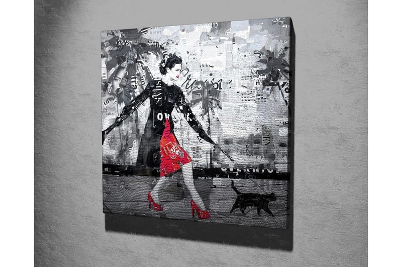 Lerretsbilde - Elegant kvinne i rød kjole med svart katt i urbane omgivelser - Rød / Svart / Grå - Innredning - Bilder & kunst - Lerretsbilder