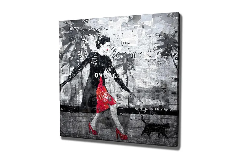 Lerretsbilde - Elegant kvinne i rød kjole med svart katt i urbane omgivelser, Rød / Svart / Grå