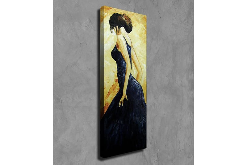 Lerretsbilde - Elegant kvinne i svart kjole - Mørk blå / Gyllen / Beige - Innredning - Bilder & kunst - Lerretsbilder