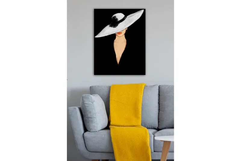 Lerretsbilde - Elegant kvinne med stor hvit hatt og oransje lepper - Hvit / Svart / Oransje - Innredning - Bilder & kunst - Lerretsbilder